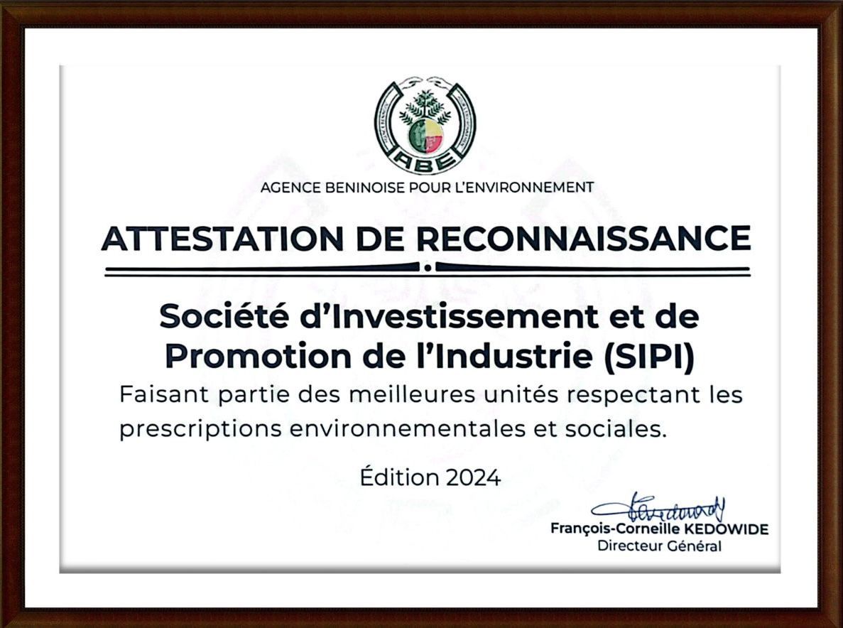 Beninese Agency for the Environment (ABE) recognises SIPI-BENIN S.A.'s commitment to sustainable development !